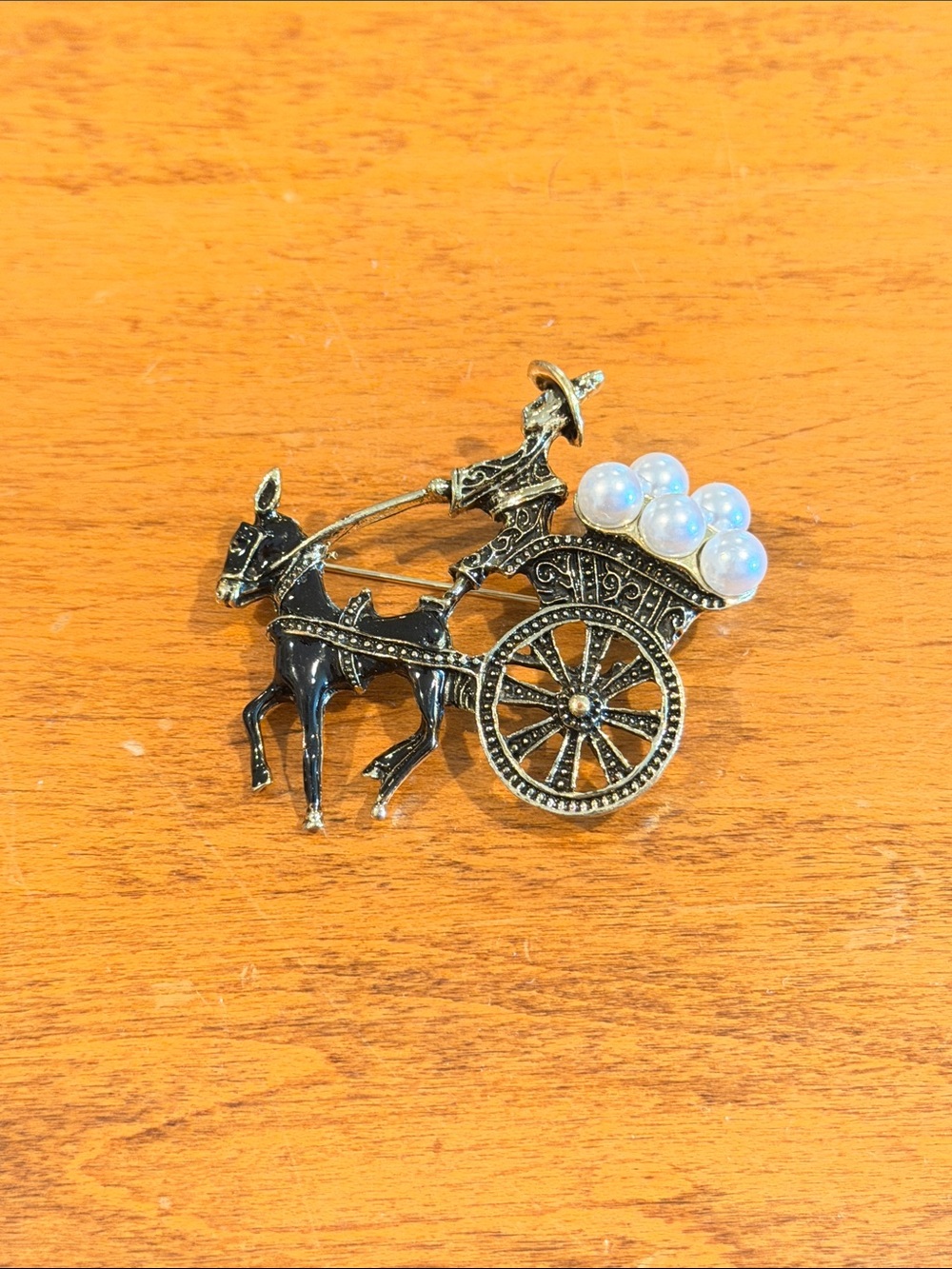 Gold-Tone Horse & Cart Brooch with Black Enamel and Pearlescent Beads